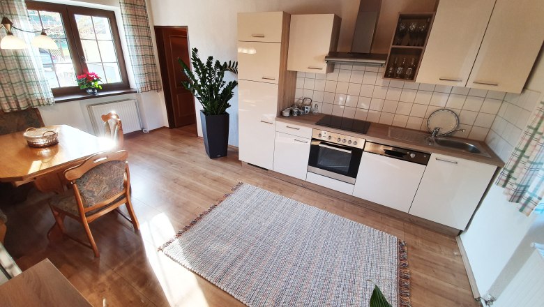 Helle K&uuml;che in einem Ferienhaus mit Esstisch, St&uuml;hlen, Pflanzen und moderner Ausstattung.
