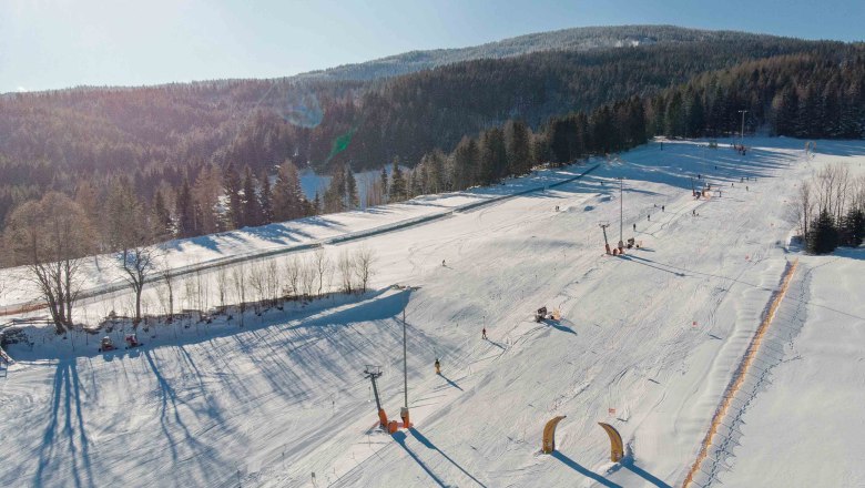 Luftaufnahme eines verschneiten Skigebiets mit Pisten und Wald im Hintergrund.